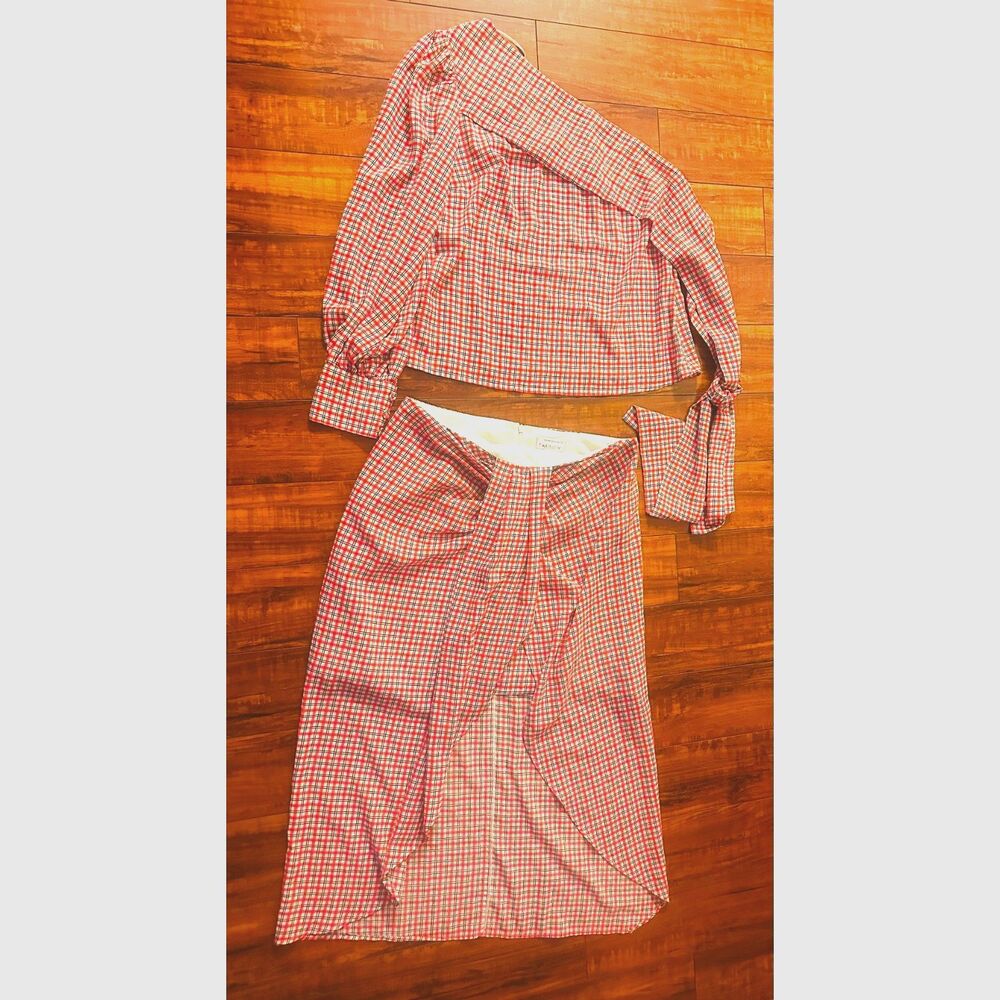 C/Meo Collective Plaid Asymmetrical 2PCS-One Shoulder Top & Wrap Midi Skirt L/XL